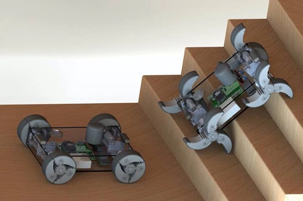 Vizualizácia zobrazuje robota α-WaLTR ako môže prekonávať rôzne prekážky, ako sú napríklad schody.
