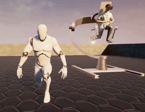 Navrhovaný VR exoskeleton Holotron pre spodnú časť tela s plnou spätnou väzbou.