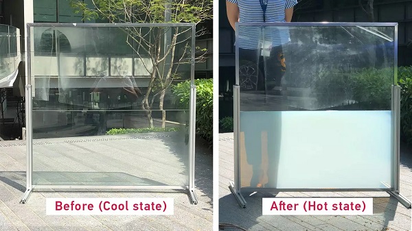 Fotografie pred a po jedného z inteligentných okien, ktorých spodná polovica obsahuje novú technológiu.
