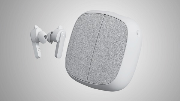 Úplne bezdrôtové slúchadlá do uší Duolink s nabíjacím puzdrom s reproduktormi.