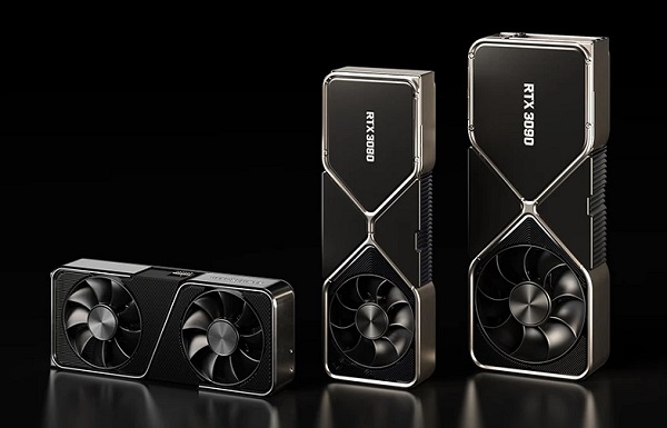 Séria nových grafických kariet Nvidia GeForce RTX 30 (zľava: Geforce RTX 3070, GeForce RTX 3080 a GeForce RTX 3090).