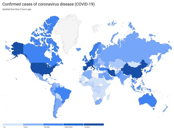 Mapa zobrazujúca potvrdené prípady koronavírusového ochorenia COVID-19.