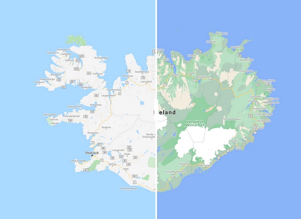 Porovnanie rozdielov zobrazena prírodných prostredí v Mapách Google (vľavo pôvodná verzia, vpravo aktualizovaná verzia).