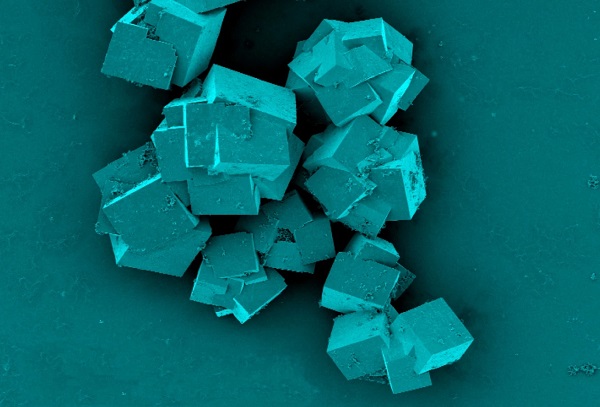 Materiál s kovovo-organickou štruktúrou (MOF) - snímka z elektrónového mikroskopu.