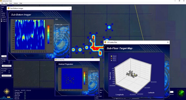 Operátorské rozhranie SeaSearcher zobrazuje 3D mapu zobrazujúcu polohu zakopaných kovových predmetov.