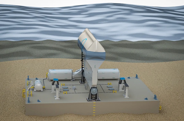 Vlnový generátor WaveRoller sedí na morskom dne, čiastočne alebo úplne ponorený, a využíva vlnový efekt spôsobený vlnami, keď sa približujú k pobrežiu.