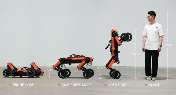 Štvornohý robot LimX W1, ktorý dokáže chodiť po dvoch zadných nohách.