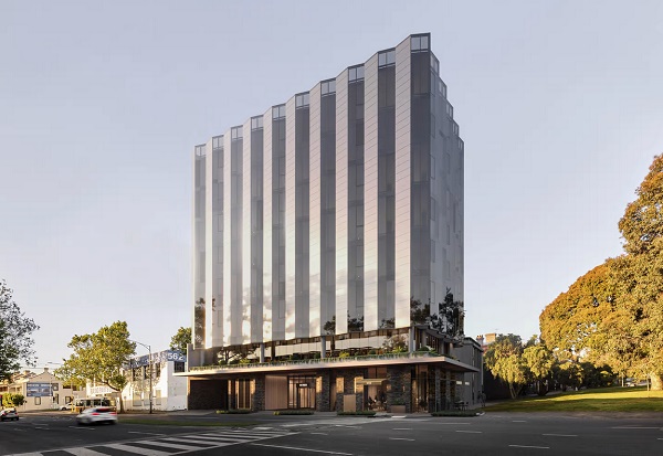 Architektonický návrh kancelárskej budovy so solárnou fasádou 550 Spencer.