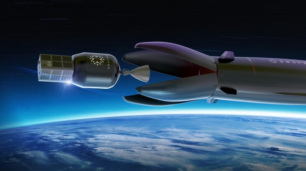 Vizualizácia pripravovanej opakovane použiteľnej nosnej rakety Neutron s trvalo pripevnenou kapotážou „Hungry Hippo“.