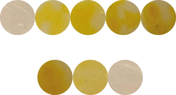 Niektoré disky fólie Polysen použité v štúdii s rôznymi odtieňmi žltej farby označujúcimi rôzne hladiny dusitanov v testovanom mäse.