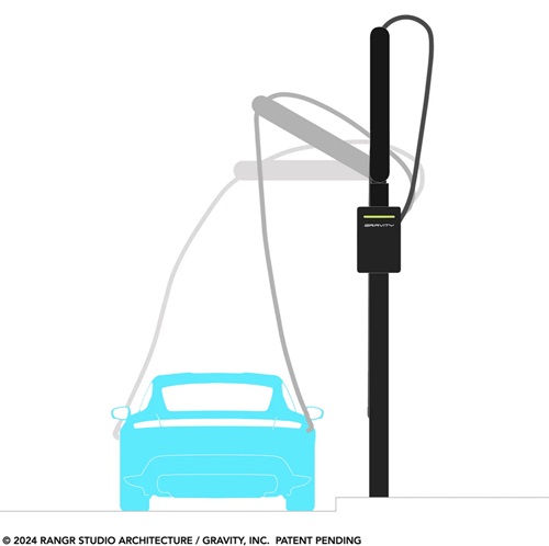 Nabíjací kábel je držaný nad úrovňou ulice pomocou sklopného kyvného ramena, pričom vodič elektromobilu ho potiahne nadol, aby sa zapojil, a uvoľní ho na konci rýchleho nabíjania pre automatické zatiahnutie.