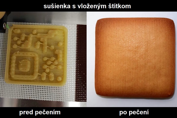 3D vytlačený jedlý QR kód (vľavo) a hotová sušienka, ktorá ho obsahuje.