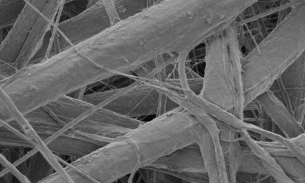 Mikroskopický obraz vlákien obväzu potiahnutých hydroxidom horečnatým.