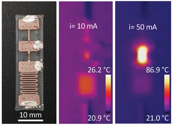 Detailný záber na 3D vytlačené zariadenia vyrobené z tenkých vrstiev polyméru dopovaného meďou.