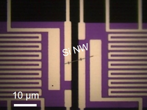 Nanodrôt izotopu kremíka-28 spája dve mikroohrievacie podložky pri teste schopnosti materiálu viesť teplo.