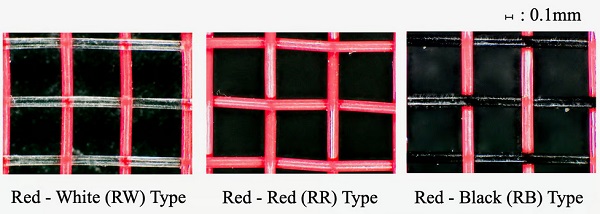 Farebné kombinácie červenej sieťoviny použité v štúdii.