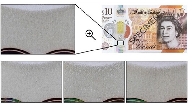 Ukážka oblasti znaku z polymérovej 10-librovej bankovky (hore). Tri snímky v dolnej časti ukazujú náhodnú variáciu vzorov pre tri rôzne 10-librové bankovky.