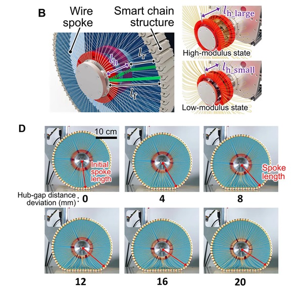 B. znázorňuje štruktúru drôtených spíc a inteligentnej reťazovej štruktúry; D. ukazuje, čo sa stane s tvarom kolesa, keď sa zmení medzera v náboji.