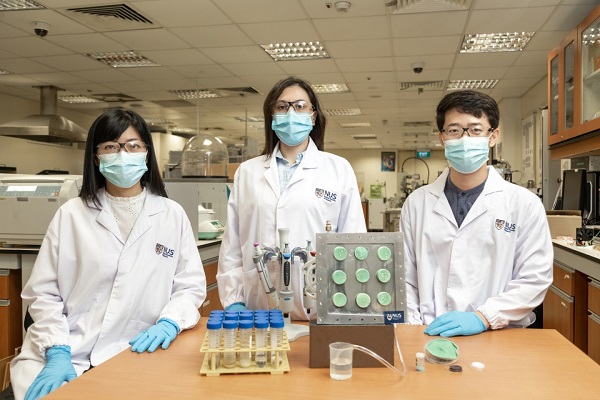 Výskumný tím, ktorý stojí za novým aerogélom, ktorý zhromažďuje vodu zo vzduchu, profesorka Ho Ghim Wei (vľavo), Dr. Gamze Yilmaz (v strede) a Dr. Fan Lu Meng (vpravo).
