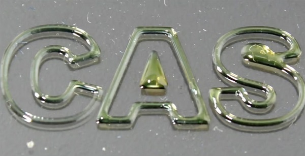 Iniciály Čínskej akadémie vied, 3D vytlačené z biomolekulárneho skla.