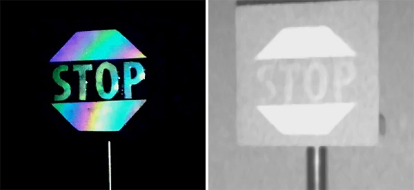 Vľavo: obrázok dopravnej značky STOP pokrytej novým materiálom konkávneho rozhrania v mikroskopickom meradle vo viditeľnom svetle. Vpravo: rovnaká dopravná značka nasnímaná technológiou LIDAR.