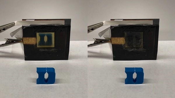 Vzorka materiálu v priehľadnom / chladiacom stave (vľavo) a nepriehľadnom / ohrievajúcom sa stave.