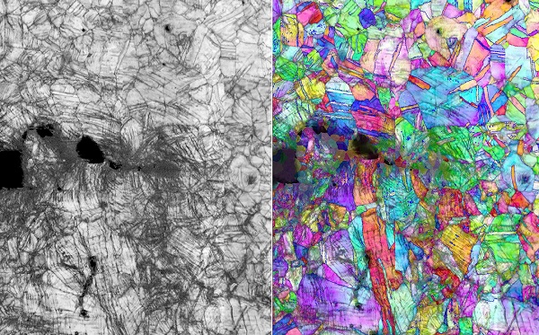 Mikroskopické snímky kryštálovej štruktúry zliatiny chrómu, kobaltu a niklu, ako zabraňuje šíreniu trhlín (tmavá oblasť).