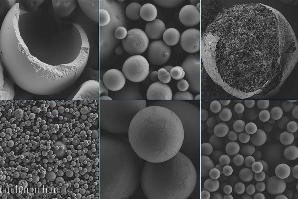 Snímky hodvábnych mikrokapsúl s obsahom vitamínu C z rastrovacieho elektrónového mikroskopu v rôznych mierkach a vyrobených rôznymi výrobnými postupmi.