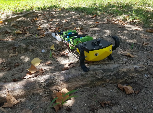 Robot AmphiSAW používa nohy na prekonanie koreňa stromu.