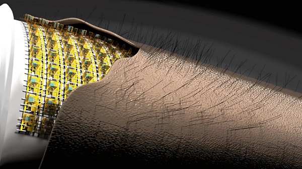 Ilustrácia novej elektronickej kože s magnetickými chĺpkami, ktoré jej pomáhajú presnejšie vnímať dotyk.