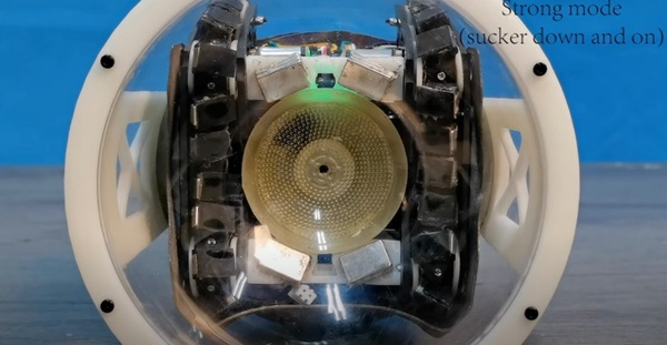 Pohľad na verziu robota s priehľadným plášťom zo spodnej strany - sústava drobných polymérových stoniek vo vnútri prísavky mu pomáha priľnúť k drsným povrchom.
