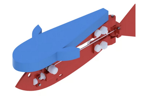 Robot sa skladá z plávajúcej časti (modrá) a jedinečného pohonného systému (červená).