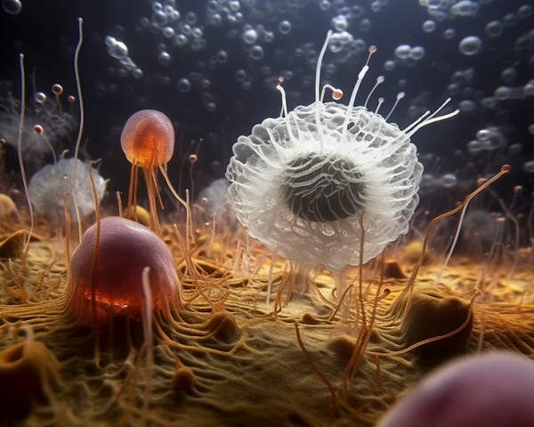 Obrázok vytvorený umelou inteligenciou, ktorý vytvorili vedci, ilustruje, ako mohli vyzerať formy života v „Protosterol Biota“.