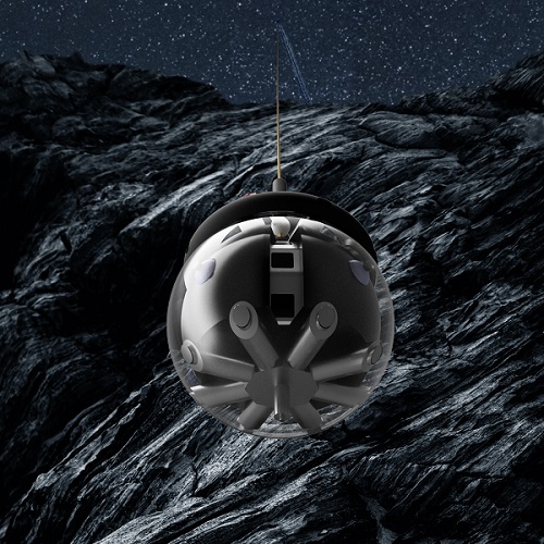 Umelecké stvárnenie konceptu sférického robota DAEDALUS, ktorý je určený na prieskum jaskýň na Mesiaci.