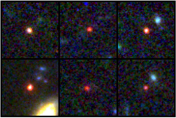 Snímky šiestich novoobjavených masívnych galaxií nasnímaných vesmírnym teleskopom Jamesa Webba.