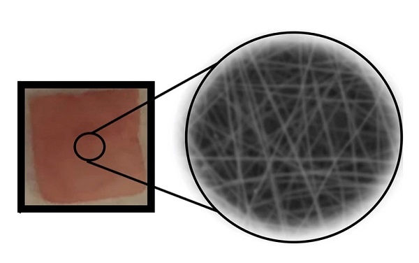 Rohož na dodávanie liekov (vľavo) je tvorená piezoelektrickými polymérnymi nanovláknami (vpravo).