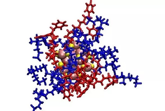 Molekulový model nového liečebného balíka. V strede sú vidieť atómy zlata (hnedé), obklopené kladne nabitými ligandami (červené), ktoré sú priťahované baktériami, a zwitteriónovými ligandami (modré), ktoré chránia bunky hostiteľa.