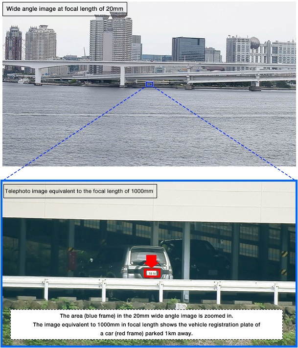 Ukážka schopnosti priblíženia monitorovacej bezpečnostnej kamery Fujifilm SX800.