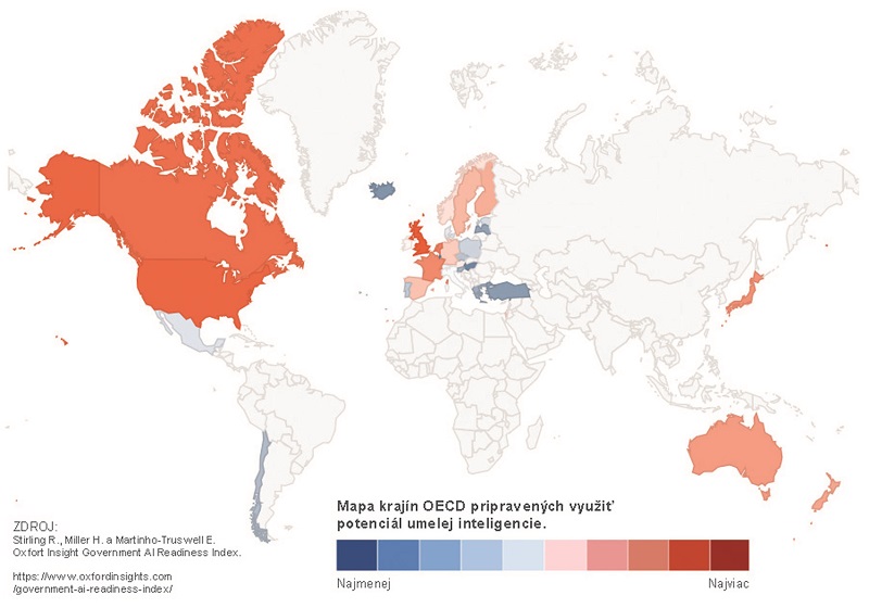 Mapa krajín OECD pripravených využiť potenciál umelej inteligencie.