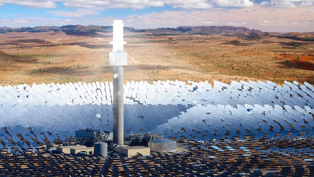 Štátny úrad v Južnej Austrálii odhalil plány na výstavu najväčšej solárno-termálnej elektrárne s jedinou vežou na svete, ktorej navrhovaný výkon bude 150 megawattov. (vizualizácia)