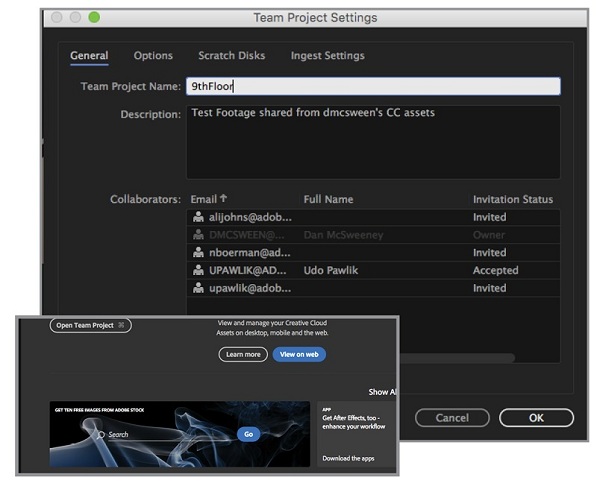 Údaje v službe Team Projects pre Adobe Creative Cloud sú uložené na vzdialenom úložisku