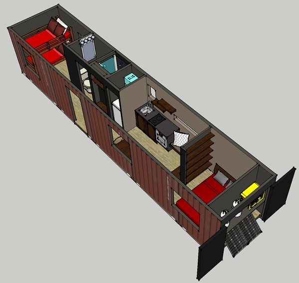 Projekt kontajneru Tiny House zobrazuje dispozíciu miestností pre útulné bývanie