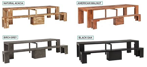 Stôl a lavica sa budú dodávať v štyroch rôznych štýloch z tvrdého dreva.