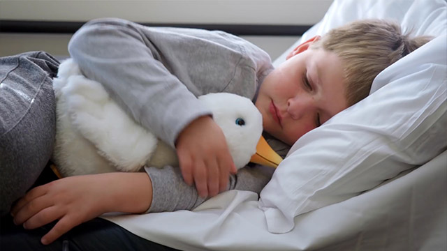 Robotická hračka Aflac Duck je vybavená vlastným PICC katétrom, tak isto ako liečené dieťa. To má ukázať deťom, že aj táto kamarátska hračka prechádza rovnakou náročnou liečbou.