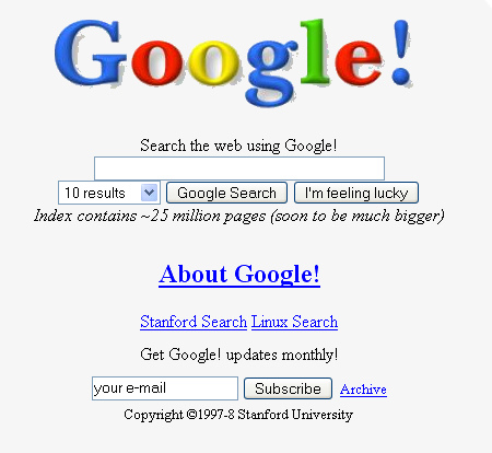 Domovská stránka a jedno z prvých Google log.