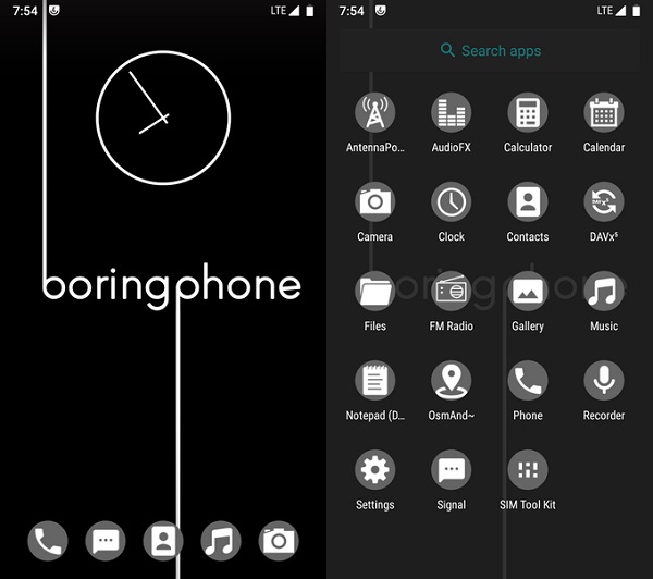Domáca obrazovka a predinštalované aplikácie v smartfóne BoringPhone.