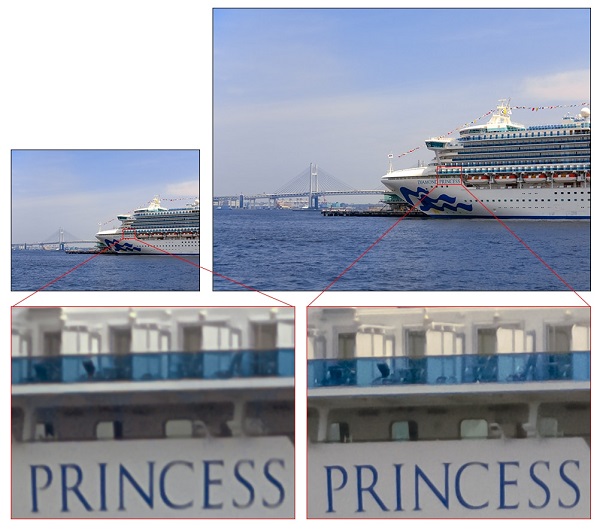 Porovnanie úrovne detailov a ostrosti medzi bežným 12 megapixlovým mobilným CMOS snímačom (vľavo) a novým snímačom Sony IMX586 (vpravo).