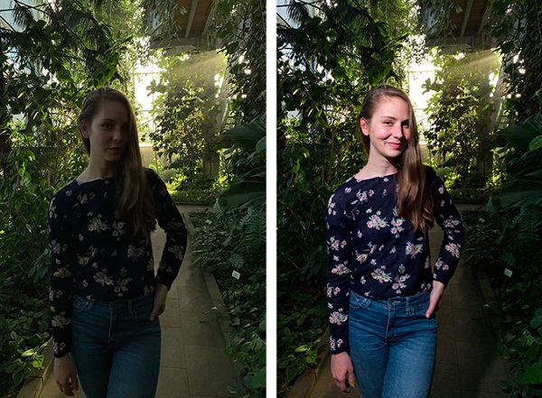 Porovnanie fotografie bez externého blesku LIT Flash (vľavo) a s jeho použitím (fotené s iPhone X).