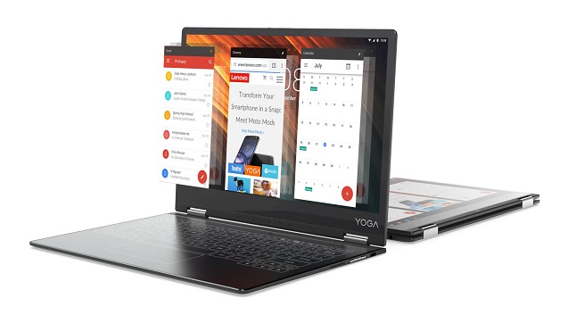 12,2 palcový displej tabletu Lenovo Yoga A12 je prepojený s klávesnicou Halo pomocu dvoch závesov otočných o 360 stupňov
