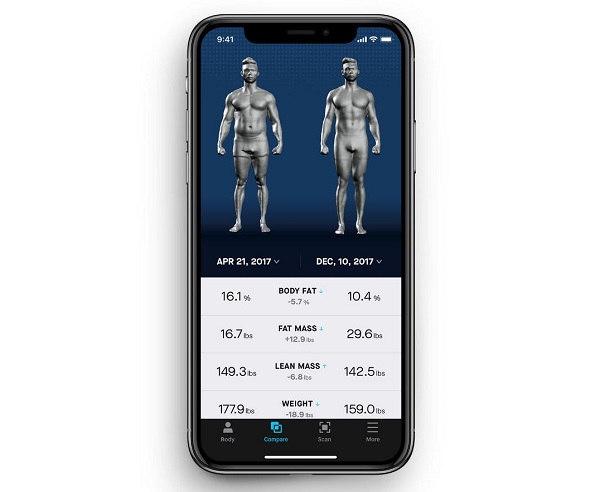 Sprievodná aplikácia zobrazí nameraný 3D model spolu s dôležitými telesnými metrikami, ktoré slúžia ako prehľad a motivácia pre ďalší vývoj smerom k zdravému telu.